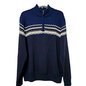 IZOD Fair Isle Sweater Men's Large Blue White Long Sleeve 1/4 Zip Mock Neck EUC